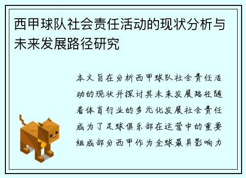 西甲球队社会责任活动的现状分析与未来发展路径研究