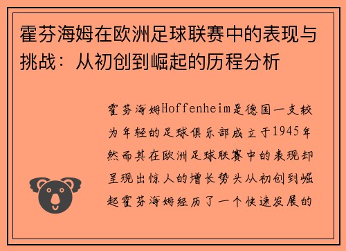 霍芬海姆在欧洲足球联赛中的表现与挑战：从初创到崛起的历程分析
