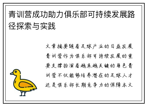 青训营成功助力俱乐部可持续发展路径探索与实践
